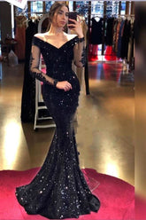 BMbride Black Off Shoulder Bright Sequins Mermaid Evening Gown BMbride